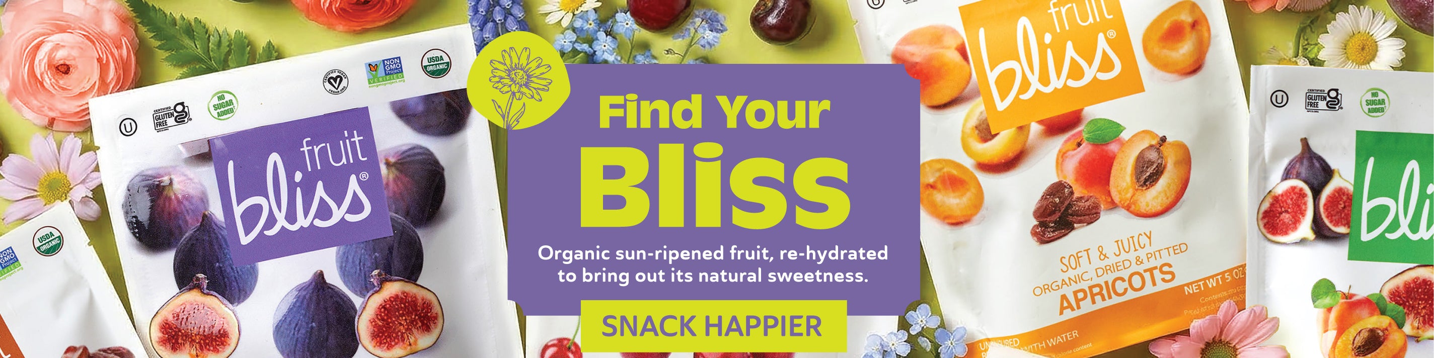 Fruit bliss snack packages with fruits and flowers on a green background