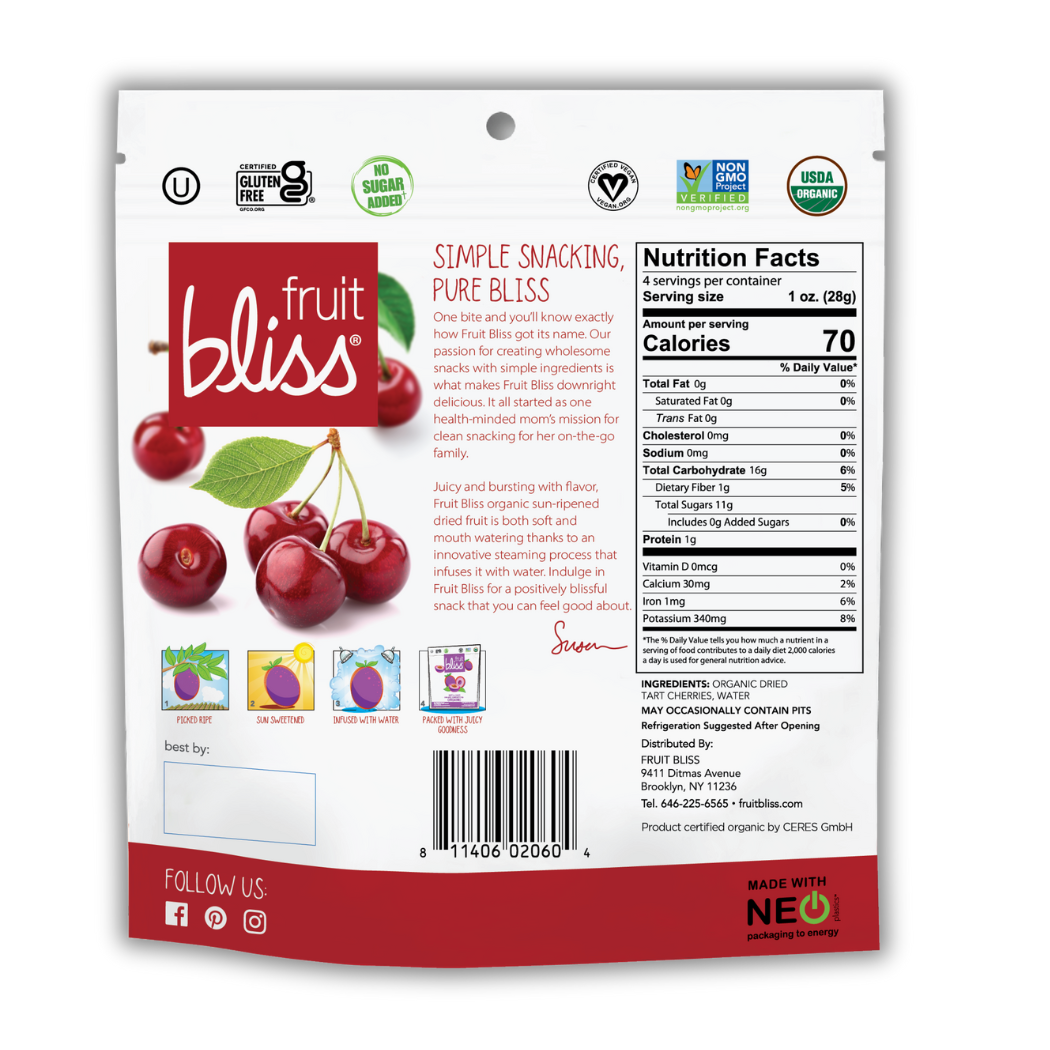 2-Pack Fruit Bliss Organic Tart Cherries Snacks (4 oz. each)