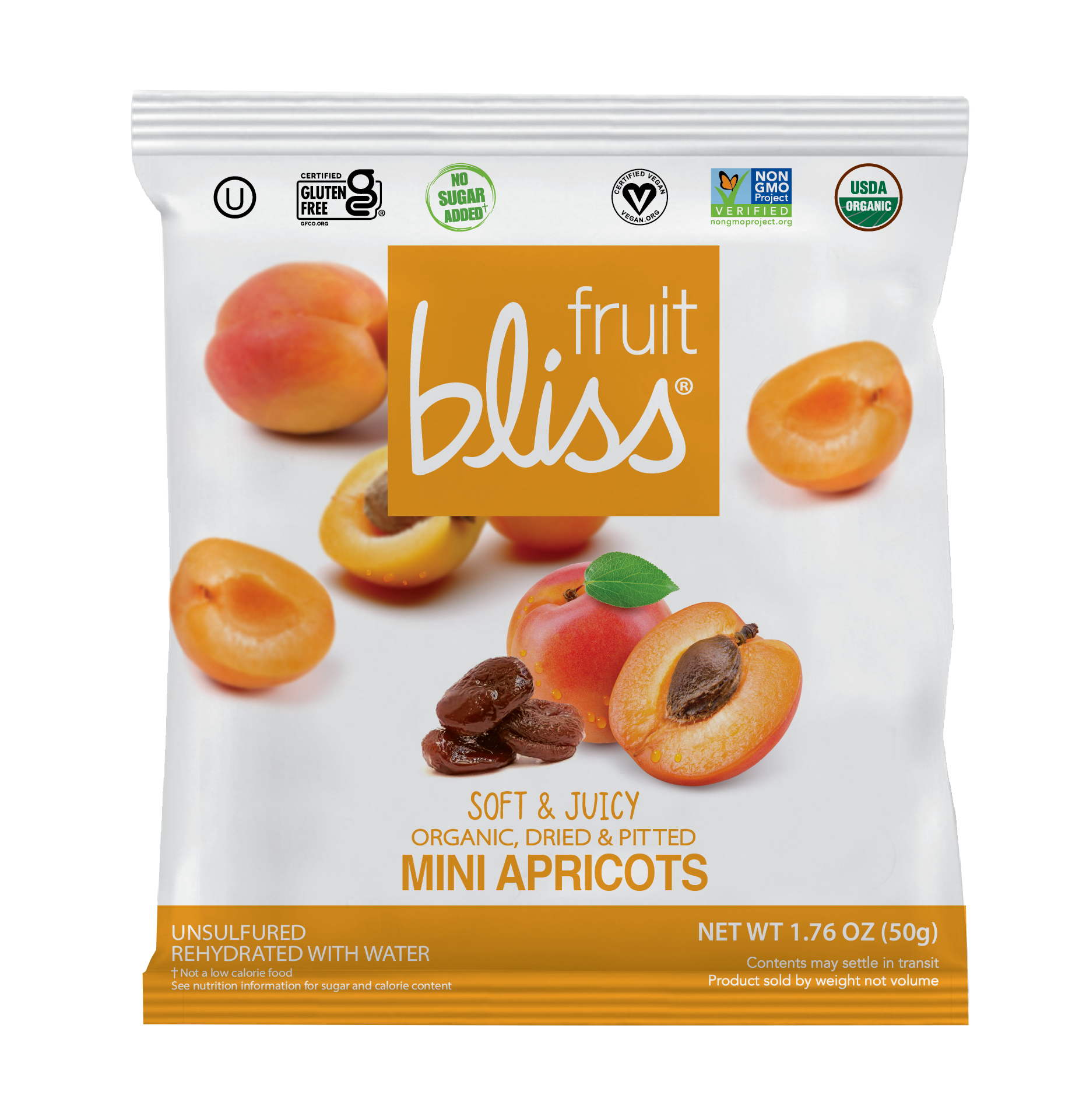 Packaging of Fruit Bliss mini apricots on a white background