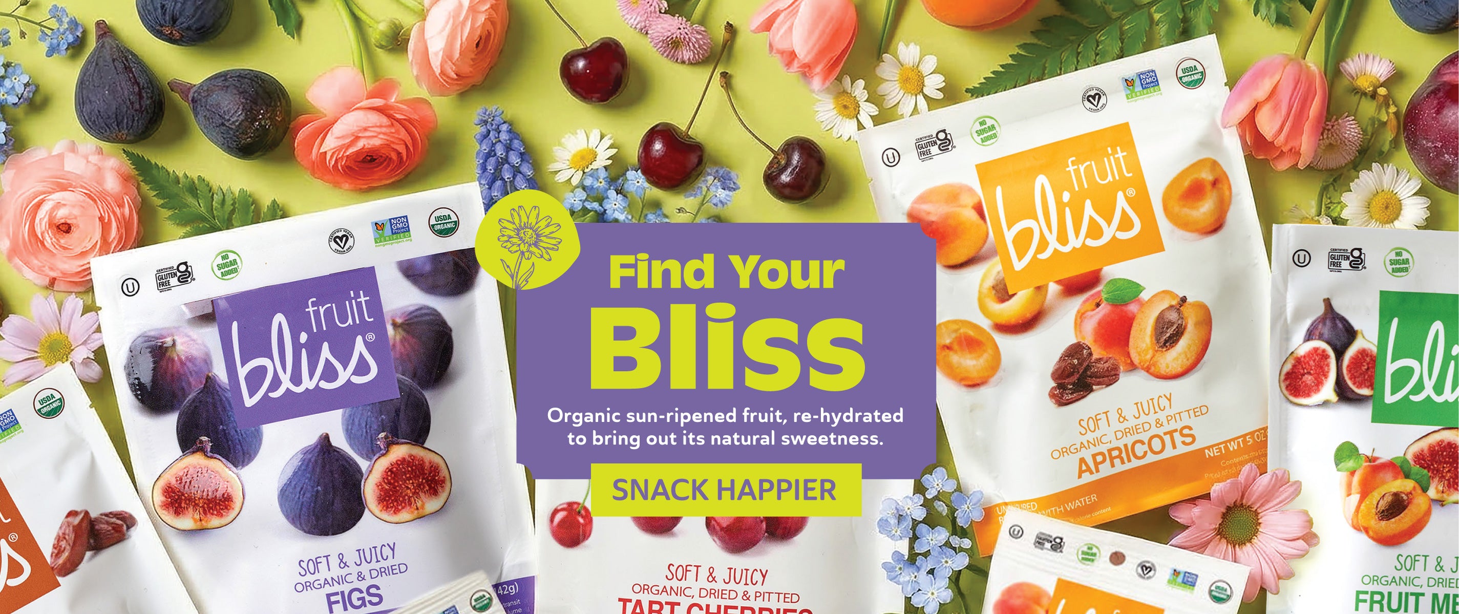 Fruit bliss snack packages with fruits and flowers on a green background